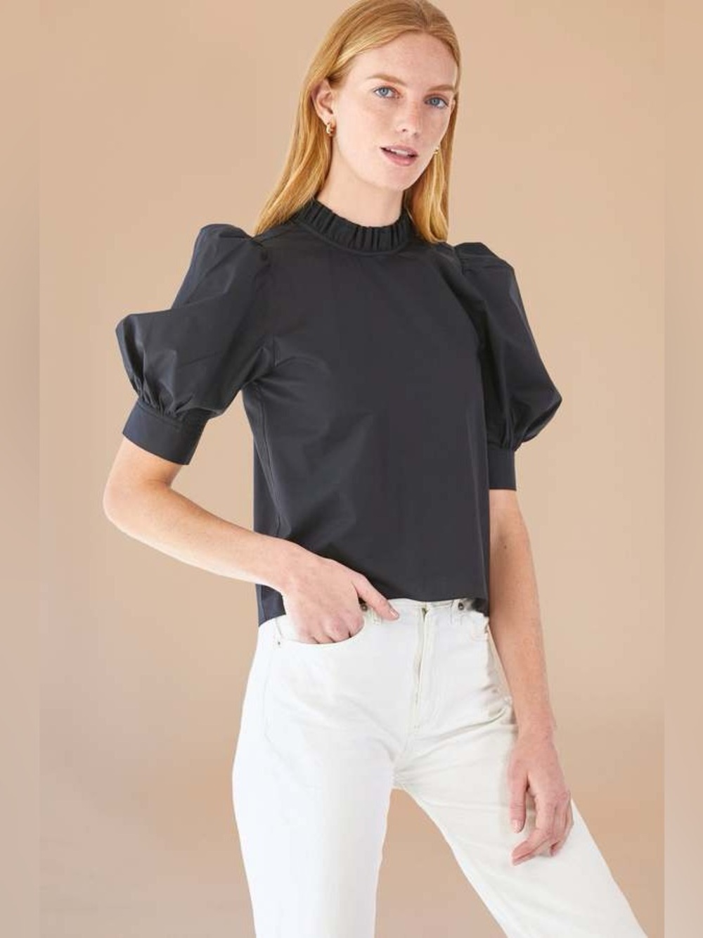 Hunter Bell Stella Top Black Puff Sleeves Ruffle Neck Poplin Blouse Size M